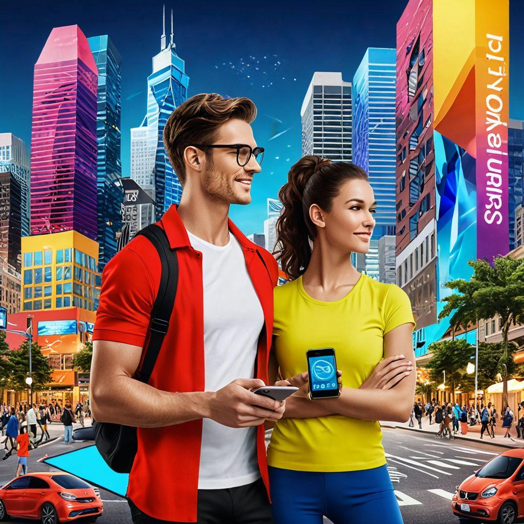 A dynamic collage of modern gadgets like smartphones, tablets, and smartwatches intertwined with elements symbolizing lifestyle trends such as fitness icons, healthy food, and stylish fashion accessories. In the background, a vibrant cityscape with diverse people engaging in tech and lifestyle activities, conveying a sense of community and innovation. Bright and engaging color palette, emphasizing energy and motivation. super-realistic. vibrant colors. 3D.