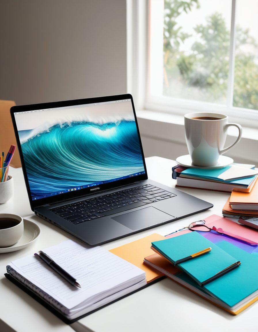 A modern workspace featuring a sleek laptop with a digital journal interface open, surrounded by colorful stationery and a steaming cup of coffee. Illuminate the scene with warm, inviting light, while abstract waves of digital data flow gracefully in the background, symbolizing the new wave of technology in blogging. The overall vibe should be inspiring and creative. super-realistic. vibrant colors. white background.