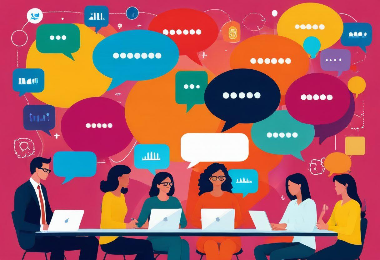 A diverse group of people engaged in animated discussions around digital devices, symbolizing the exchange of ideas. Colorful speech bubbles contain keywords like 'Consumer', 'Insight', 'Social Commentary', reflecting the themes of modern communication. Include a backdrop of digital elements like social media icons and graphs to depict the digital age's impact. Warm, inviting colors to create a lively atmosphere. vector art. vibrant colors.